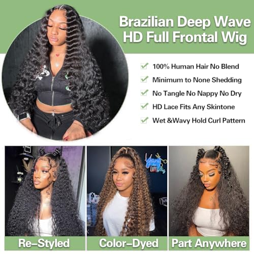 26 Inch Deep Wave Lace Front Wigs Human Hair, 13x4 HD Curly Lace Front Human Hair Wet Wavy Waterwave Glueless Frontal Deep Wave Wig for Women, Pre Plucked, 180 Density, Average Cap, Tangle Free