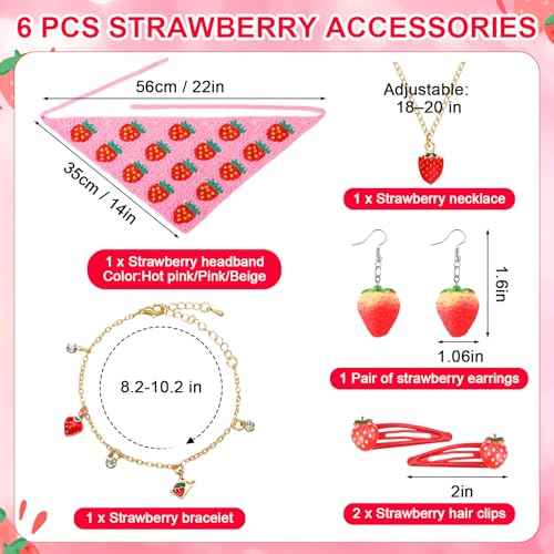6 Pcs Strawberry Accessories Set Strawberry Crochet Hair Bandana Necklace Earrings Bracelet Hair Clips for Gifts