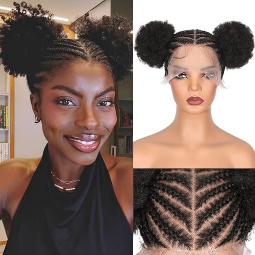 Lady Miranda Full Lace Braided Wig with Afro Puff Wigs for Black Women Short Braid Wig with Baby Hair Cornrow Box Braid Wigs for Black Women Short Lace Front Synthetic Fully Handmade Hair
