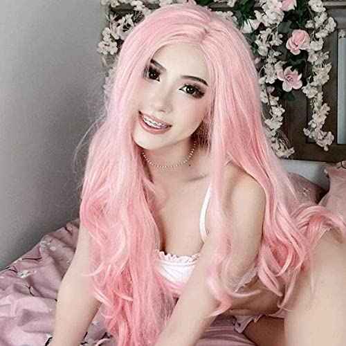 Pink Lace Front Wigs for Women Long Wavy Synthetic Hair Wig Soft Lace Wig with Natural Hairline Glueless Heat Resistant Fiber Hair for Women 24 Inch Cosplay Wigs (Pastel Pink)