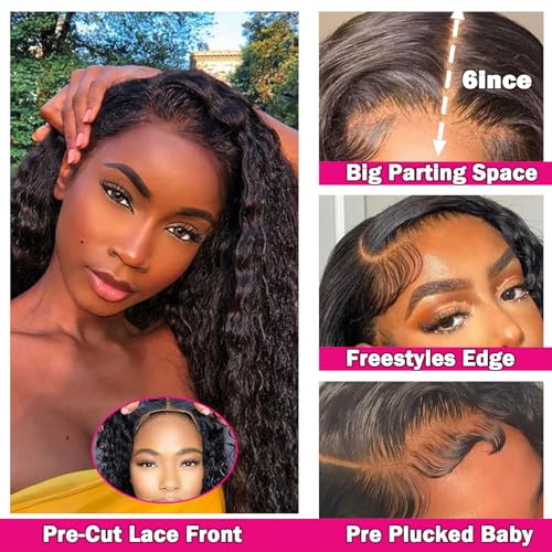 13x6 Lace Front Wigs Human Hair Glueless Wear and Go Kinky Curly Wig Pre Plucked Pre Cut HD Lace Frontal Wig with Baby Hair For Black Women 16 Inch Natural Color