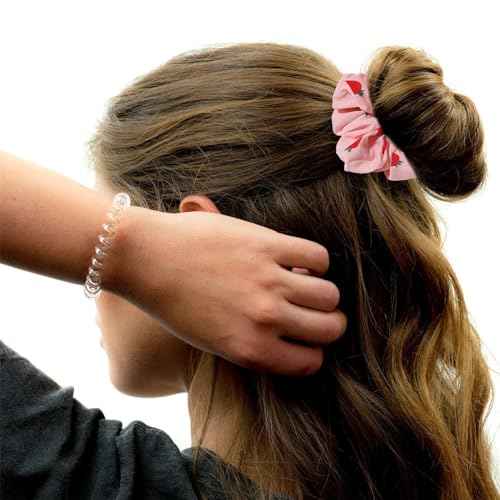 Chiffon Scrunchies for Hair - 2Pcs Pink White Strawberries Print Satin Hair Scrunchies for Thick Curly Hair Ties Large Hair Elastic Bands Ponytail Holder Summer Hair Accessories for Women Girls Gifts
