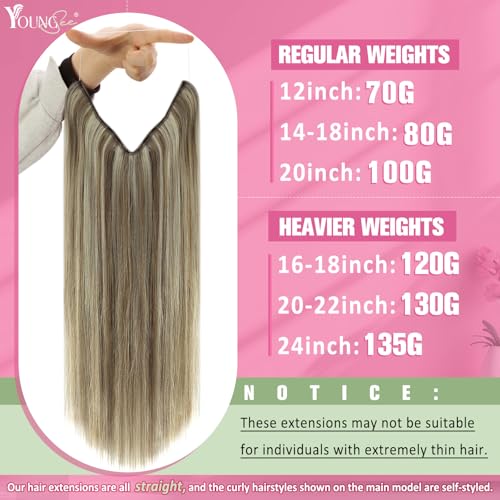 YoungSee Wire Hair Extensions Brown Blonde Invisible Wire Hair Extensions Human Hair Platinum Blonde with Light Brown Highlight Fish Line Hair Extension Real Human Hair 14 Inch 80g
