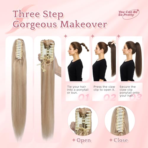 Human Hair Claw Clip Ponytail Extension 100% Real Human Hair Clip-In Extensions for Women Long Straight Pony Tails 14 Inches 105g #18P613 Light Blonde mixed Bleach Blonde