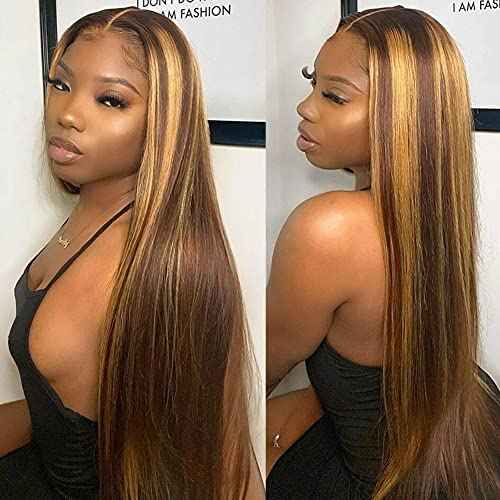 Healthair Ombre Lace Front Wigs Human hair Highlight 4/27 Honey Blonde Lace Front Wig 180% Density Straight Human Hair Wig 13x4 HD Transparent Lace Wigs for Black Women (4/27, 20inch)