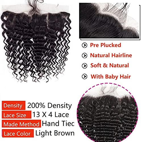 12A Grade Deep Wave Lace Frontal 13x4 Ear to Ear Lace Frontal 20 Inch 100% Unprocessed Brazilian Virgin Human Hair Swiss Lace Frontal Closure 200% Density Pre Plucked With Baby Hair Natural Color