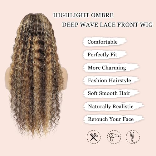 20 Inch Highlight Ombre Deep Wave Lace Front Wigs Human Hair Wig 13x6 Honey Blonde Wig Human Hair HD Glueless Deep Wave Wig 4/27 Colored Wet and Wavy Curly Wig Pre Plucked for Women