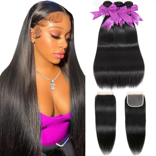 12A Straight Bundles with Closure Human Hair 16 18 20+14 Inch 100% Unprocessed Virgin Brazilian Straight Human Hair Weave 3 Bundles Deals with 4x4 HD Lace Closure