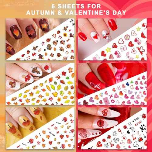 Whaline 18 Sheets Fall Nail Art Stickers All Holiday Nail Decals All Season Halloween Christmas Winter Valentine 4th of July Self-Adhesive Nail Decals for Xmas DIY Manicure Party Decor
