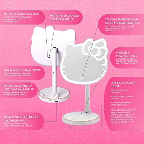 Impressions Vanity Hello Kitty Tabletop Mount LED Rechargeable Makeup Mirror with 360 Degree Rotation, Touch Sensor Desk Mirror with Light Strip and Adjustable Brightness