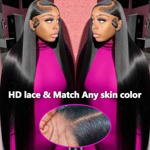 Synthetic Lace Front Wig, 13x6 Lace Frontal Wigs Human Hair Touch Pre-Plucked Long Straight Glueless 1B Black Wig 30 inch Vogue Highlight Technology-Premium Fiber & Human Hair Blended