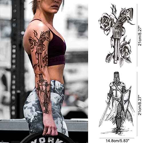 Military Temporary Tattoo Sleeve for Men, 4-Sheet Full Arm Large Patriotic Gun Soldier Fake Tattoo Sleeve Adult Women and 4-Sheet Black Floral Tiger Gun Half Temp Tatoo Sticker Leg Makeup Body Art