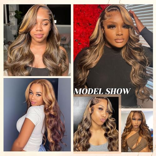 Ombre Human Hair Bundles P4/27 Body Wave Bundles Human Hair Highlight Brown 3 Bundles 10 12 14 Inches 100% Unprocessed Brazilian Virgin Weave Human Hair Extensions