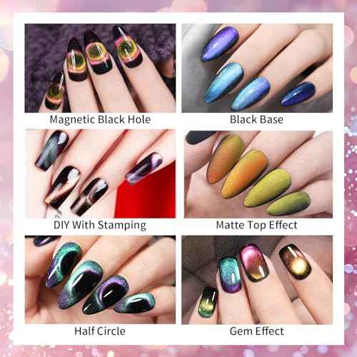 TWOEIGHT Cat Eye Gel Nail Polish, Magnetic 9D Cat Eye Gel Polish Set, 8ml*6 with 1Magnets, Classic Colors Chameleon Magic Galaxy Effect Soak off Nail Art - Sparkle Stunning Gel Polish Gift for Women