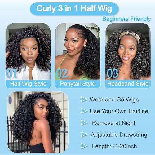 Kinky Curly Half Wigs 100% Human Hair 180 Density 3 In 1 Seamless Flip Over Half Wigs Kinky Burmese Curly Deep Water Wave Glueless Wear and Go Wig Drawstring Headband Ponytail Wig for Women 16 Inch