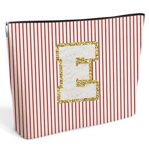 DETIHO Initial Letter Makeup Bag, Cosmetic Bag, Makeup Bag with Chenille Letter Patch, Personalized Gifts, Cute Makeup Pouch, Gifts for Women, Letter E, A20