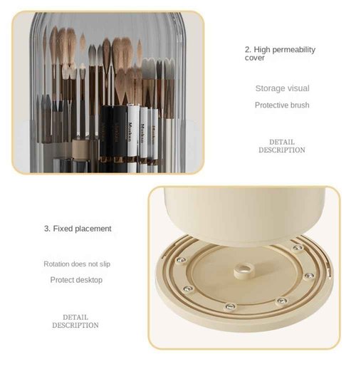 Rotating Makeup Brush Holder with Clear Lid – 360° Makeup Brush Organizer for All Brush Sizes, Durable Dustproof Storage Stand with Large Capacity, Easy to Clean, No Assembly (White/Transparent)