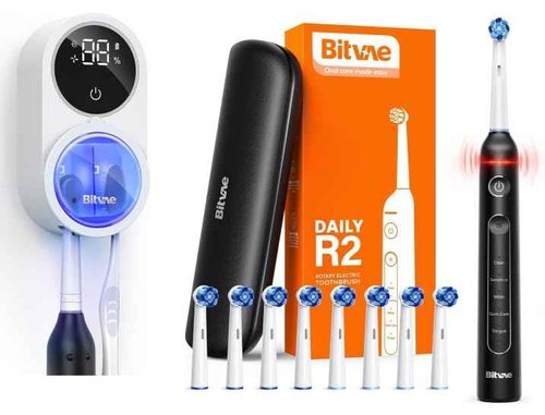 Bitvae Toothbrush Cleaner & R2 Rotating Electric Toothbrush Black for Adults and Kids with 8 Brush Heads, 5 Modes, Pressure Sensor, Travel Case, Bundle