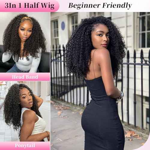 Fine Plus Curly Half Wig, 3-in-1 Glueless Wig 18inch Protein Synthetic with Human Hair Feel 180% Density Ready-to-Wear for Daily Use/Beginner Friendly (Color: Protein Synthetic Hair-2B)