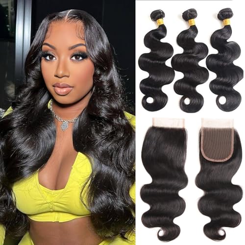 Body Wave Human Hair Bundles with Closure (12 14 16+10) 100% Unprocessed Brazilian Virgin Human Hair Weave Extensions 3 Bundles with 4x4 HD Transparent Lace Clsoure