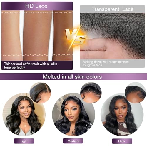 26 Inch 13x6 Body Wave Lace Front Wigs Human Hair 180 Density HD Lace Frontal Wigs Human Hair Pre Plucked Human hair Wig for Women Natural Black