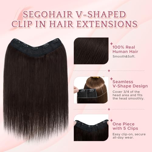 One Piece Clip in Hair Extensions 100% Real Human Hair 3/4 Full Head Hair with Upgraded V-Shaped Weft 5 Clips in Hair Extensions for Women, £¨16 Inch, #02 Dark Brown£©