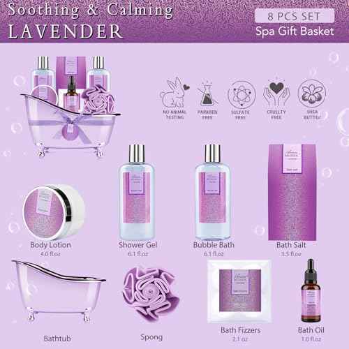Bath Sets for Women Gift, Bath and Body Gifts Set, Lavender Spa Gift for Self Care Includes Body Lotion, Shower Gel, Bath Salts, Relaxing Bath Sets for Mom, Grandma, Girlfriend, Sister, Friends