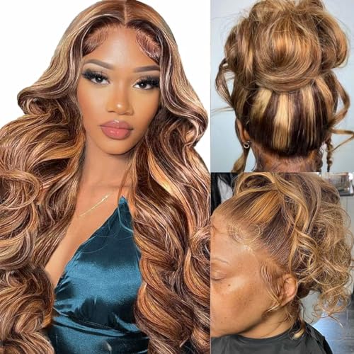 360 Lace Front Wigs Human Hair Full Lace Human hair Wigs Ombre Lace Frontal 180 Density 4/27 Colored Honey Blonde 360 HD Transparent Wigs for Black Women (14 Inch)