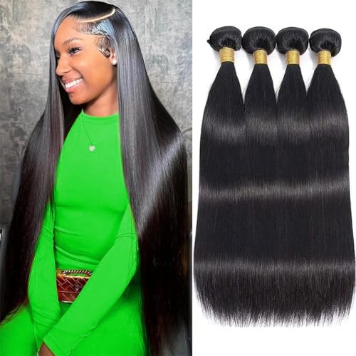 12A Human Hair Bundles Straight 14 16 18 20 Inch 100% Unprocessed Brazilian Remy Virgin Hair Quick Weave Sew In Raw Glossy Billion 4 Hair Bundles Human Hair Extensions for Women Natural Black Color