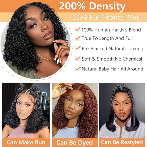 Curly Bob Wig Human Hair 13x4 Deep Wave HD Lace Front Wigs Human Hair 220% Density Short Curly Wet And Wavy Human Hair Wigs for Black Women Glueless curly Wig With Baby Hair (Natural Black, 16 Inch)