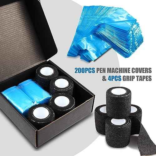 Pen Machine Covers and Grip Tapes 200pcs Tattoo Machine Covers with 4pcs Grip Wrap Cover 7.5 x 2.7" Tattoo Pen Sleeves Self adhesive Tape Tattoo Pen Bags Tattoo Supplies