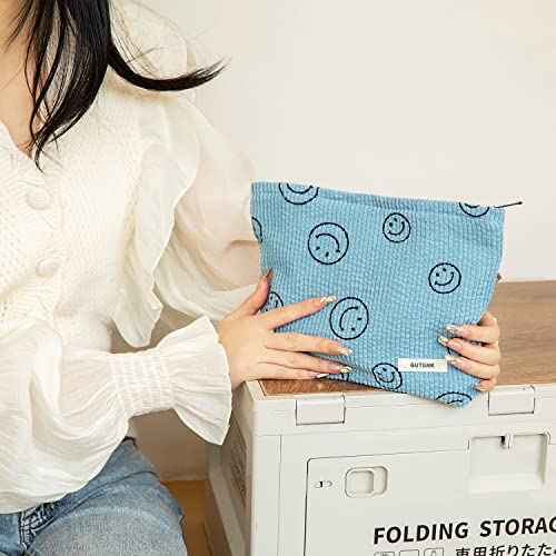 GUTGNK Makeup bag for Women, Corduroy Cosmetic Bag Aesthetic Design Ladies Tote Bag,Cute Smiley Face Makeup Organizer with Zipper - Blue