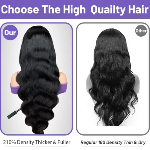 13x6 HD Lace Front Wigs Human Hair 22 inch Body Wave Frontal Wigs Human Hair 210% Density Body Wave Human Hair Wig for Women Pre Plucked Bleached Knots with Baby Hair Natural Black