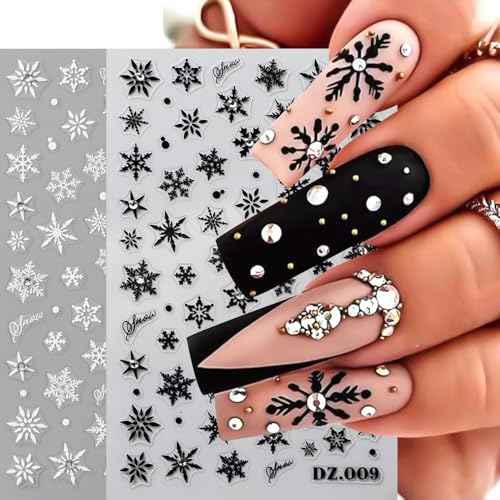 Snowflake Nail Stickers, 3D Embossed Christmas Nail Decals with Rhinestones Gold Silver Black White Snowflake Winter Nail Art Design for Women Girls(4 Sheets)