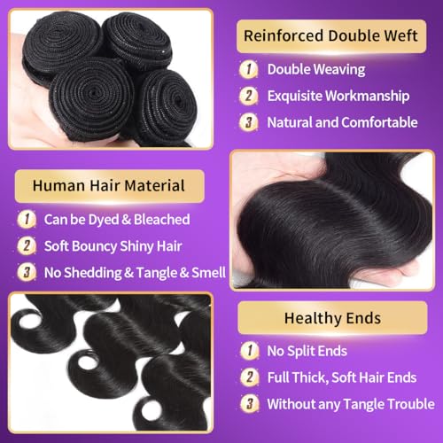12A Body Wave Bundles with Closure Human Hair 3 Bundles 14 16 18+12 Inch with 4x4 HD Lace Closure 100% Brazilian Virgin Quick Weave Natural Black