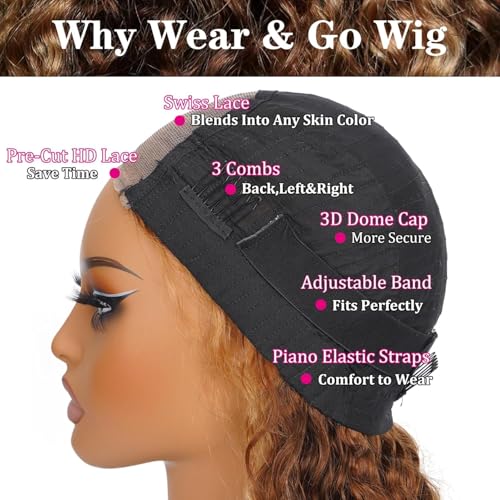 Ombre 4/27 Highlight Wear And Go Glueless Wigs Human Hair Pre Plucked Pre Cut 4/27 Honey Blonde Wig Human Hair Short Curly Bob Wig 180% Density Water Wave Lace Front Wigs For Black Women 14 Inch