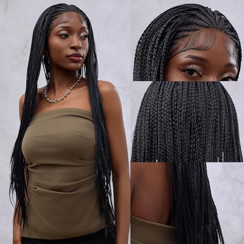 Glueless Dreadlock Extensions Cornrow Long Braided Wig for Black Women, 34in Natural Soft Faux Locs Crochet Kinky Headband Lace Front Synthetic Braiding Human Hair Curly Half Wig (Black)(Black)
