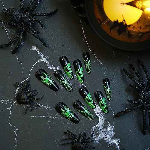 Halloween Press-on Coffin Nails 24 Pcs Black, Fluorescent Green Spider Web Nightmare Christmas ABS Material 12 Sizes Full Cover Glossy False Nails