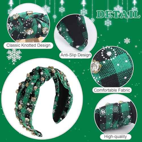 Christmas Headband Rhinestones Hair Band for Women Girls, Xmas Striped Grid Hair Accessories Green Knotted Wide Headbands Christmas Party Supplies Winter Holiday Costume Gift