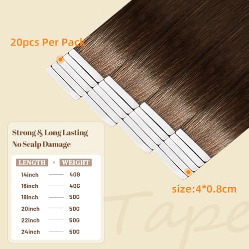 DNE Tape in Hair Extensions Real Human Hair 22 inches 20Pcs/50g/Pack Seamless #4 Medium Brown Dark Color Straight Invisible Double Sided Tape in Hair Extensions for Women/Girls Can Bleached and Curl