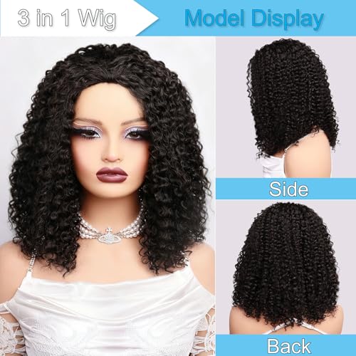 Kinky Curly Half Wigs 100% Human Hair 180 Density 3 In 1 Seamless Flip Over Half Wigs Kinky Burmese Curly Deep Water Wave Glueless Wear and Go Wig Drawstring Headband Ponytail Wig for Women 16 Inch