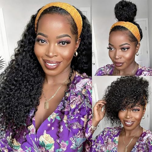Headband Wig Human Hair Deep Wave 20 Inch Curly Headband Wigs for Black Women Glueless No Lace Half Wig Brazilian Virgin Hair Deep Curly Natural color