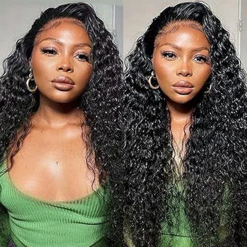 32 Inch Wig Human Hair Deep Wave Wig Natural Black 4x4 Lace Wig Human Hair 200% Density Wet and Wavy Lace Fronral Wig with Baby Hair Pre Plucked For Black Women