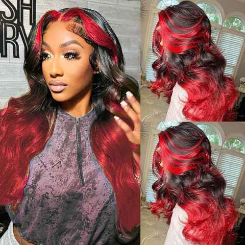 Goldfinch Highlight Red Lace Front Wig Human Hair Body Wave 13x4 HD Lace Ombre Hot Red Wigs Human Hair For Women Pre Plucked Red and Black Color Glueless Wig 150% Density 22 Inch