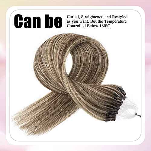 Senmy Micro Link Hair Extensions Human Hair Brown with Blonde Highlight 18inch Micro Beads Human Hair Extensions 0.5g/strand 50g/pack Micro Loop Extensions Human Hair Invisible Beaded Hair Extensions