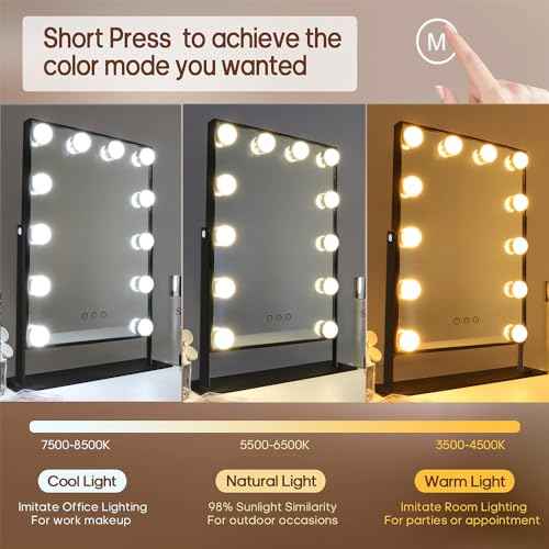 Hansong Black Vanity Mirror Makeup Mirror with Lights 12 Dimmable LED Bulbs Lighted Makeup Mirror Touch Screen Control 10X Magnification