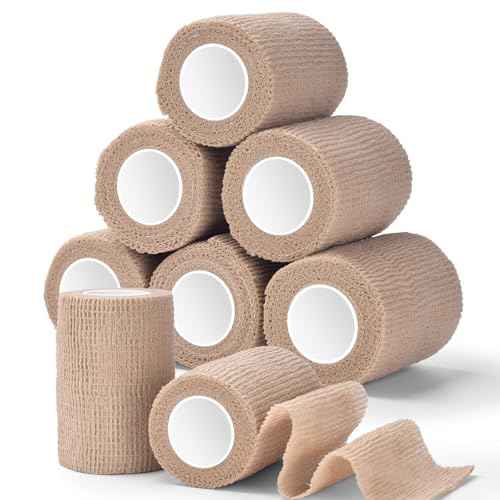Tattoo Grip Cover Wrap, ATOMUS 8pcs 2.95 Inch x 5 Yards Disposable Tattoo Tube Tape Wrap Elastic Self-adhesive Bandage Rolls Tape for Tattoo Machine Grip Tube Accessories (Beige)