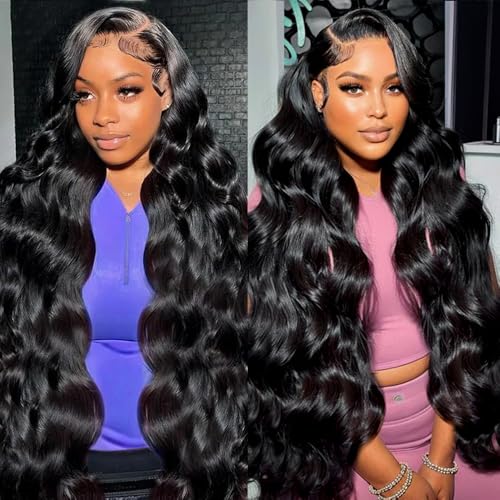13x4 Body Wave Lace Front Wigs Human Hair Pre Plucked 180 Density HD Transparent Lace Frontal Wigs with Baby Hair Natural Hairline Gluesless Human Hair Wigs for Women Black 26 Inch