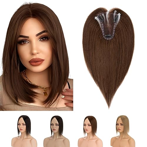 Elodia Real Human Hair Toppers for Women - No Bangs, Lace Base, Breathable Clip-in Remy Hair Topper - 10inch, Medium Brown