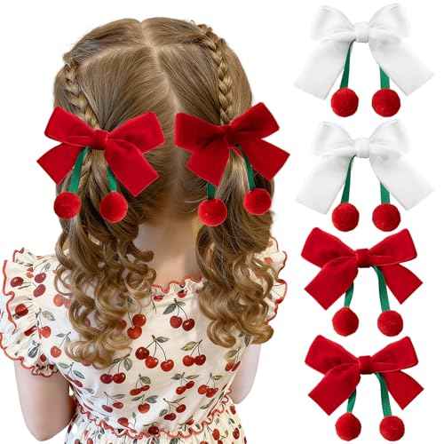 Bessrung 4 PCS Velvet Cherry Hair Bows for Girls, Bow Hair Clips, Red White Hair Ribbon with Alligator Hair Clips, Cute Girls Hair Accessories for Toddlers Kids Teens Christmas Gifts